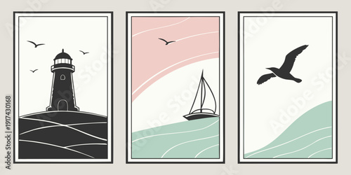 Three distinct scenes of seagulls, a lighthouse, and a sailboat on a serene sea