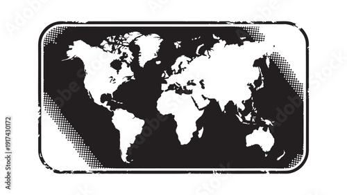  Vintage world map icon with textured border representing global geography navigation for international business travel application and worldwide communication network interface design template