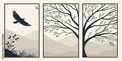 A serene black and white illustration of a bird flying over a tree.