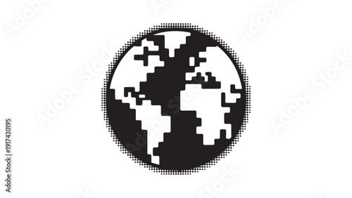 Pixelated world globe icon representing digital global network connectivity for retro gaming design vintage computer graphics and nostalgic technology application user interface development workflow