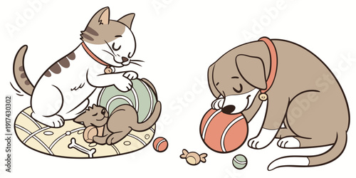 A playful scene of a cat and dog enjoying a moment together with a toy