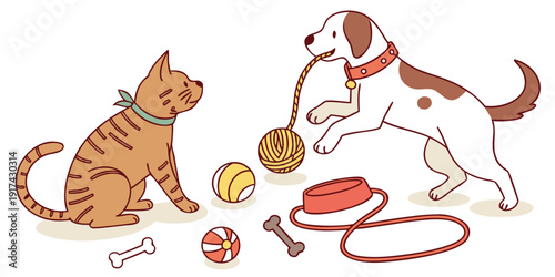 A playful scene of a cat and dog enjoying a meal together on a wooden floor