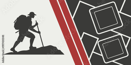 Hiker silhouette with trekking poles against a geometric background