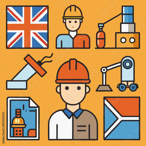 Industrial icons with UK flag and worker illustrations.