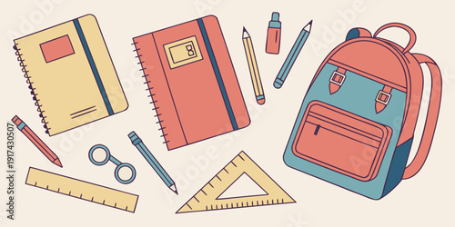 A vibrant illustration of school supplies including a notebook, pencil case, and backpack.