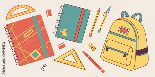 A vibrant collection of school supplies including notebooks, backpacks, and stationery.