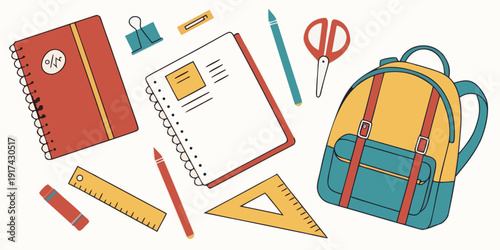 A colorful assortment of school supplies neatly arranged on a white background
