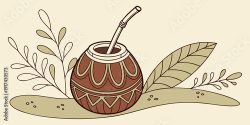 A beautifully illustrated coconut with a straw, resting on a bed of leaves.