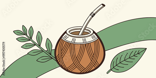 A coconut with a straw sitting on a green leafy plant.