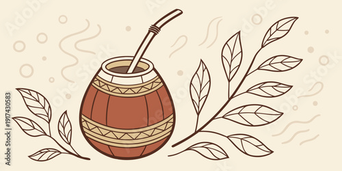 A beautifully crafted gourd with a wooden handle resting on a leafy branch.