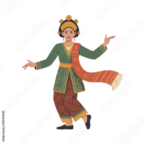 Traditional dancer in elaborate green and red costume performs a graceful cultural dance with outstretched arms and intricate headwear.