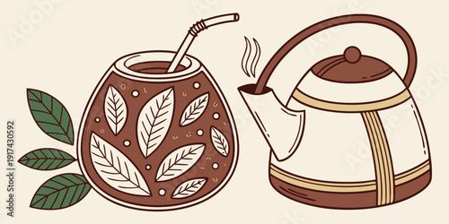 A charming illustration of two teapots and a teacup with a leafy plant.