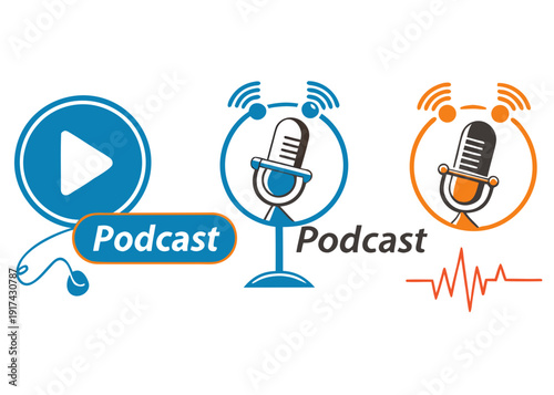 Three distinct podcast icons displaying play, microphone, and sound waves Vector