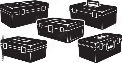 Collection of black toolboxes in various positions and angles