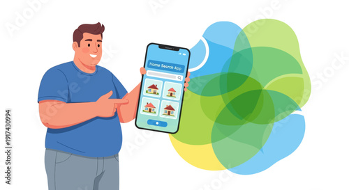 Young Man Demonstrating Real Estate App with House Listings on Smartphone Screen