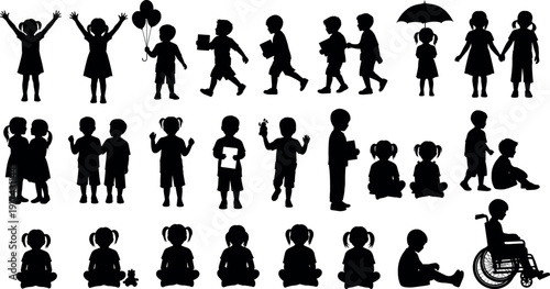 Set of diverse children silhouettes vector illustration featuring boys and girls playing, walking, sitting, and in wheelchair.