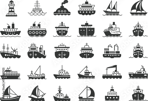 Boat silhouette illustration set, ship icon artwork, maritime vector design, lighthouse graphic pack, sailing symbol collection, black and white sketch
