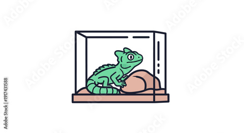 Green Lizard in Glass Terrarium Container.