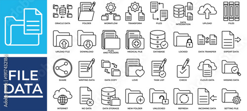 File Data icon set collection. Containing share, transfer, database, task, writing, improve, import .Line vector icons collection