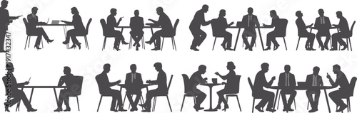 Cafe silhouette, business meeting, social gathering, people talking, reading, writing, laptop use, waiter serving, black vector, communication illustration