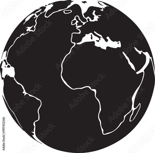 Black and white illustration of the Earth globe map