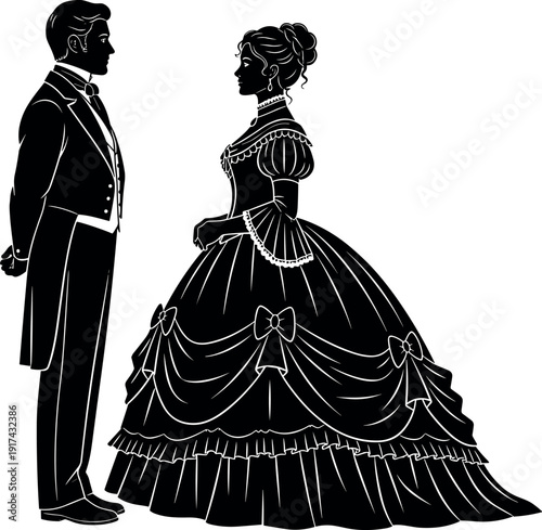 Silhouette of Victorian Couple in Formal Attire Standing Facing Each Other, Elegant Historical Romance Concept, Black and White Vector Illustration
