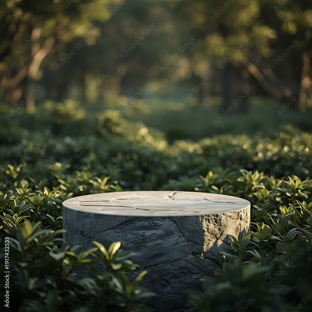 Fototapeta premium Natural Empty Stone Podium in Lush Greenery with Soft Sunlight 