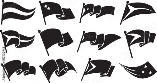Collection of black flags waving in various directions strongly