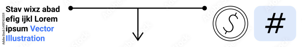 Obraz premium Text line with a horizontal bar, downward arrow, currency circle, and metadata tag graphic. Ideal for finance, social media, economy, digital communication, technology data flow simple landing page