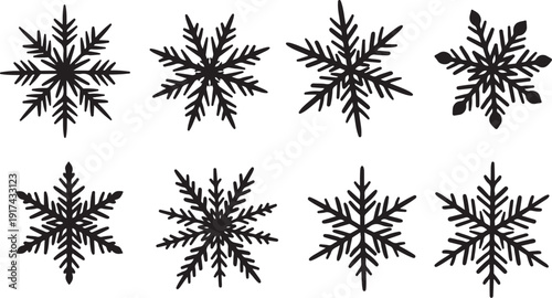 Collection of unique black snowflakes on white background illustration