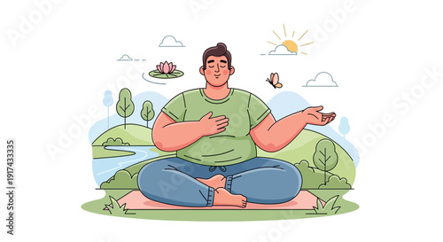 Man meditating in nature with peaceful expression and gentle breeze