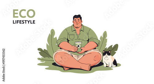 A man and a cat enjoying a peaceful moment in nature, embracing an eco-friendly lifestyle