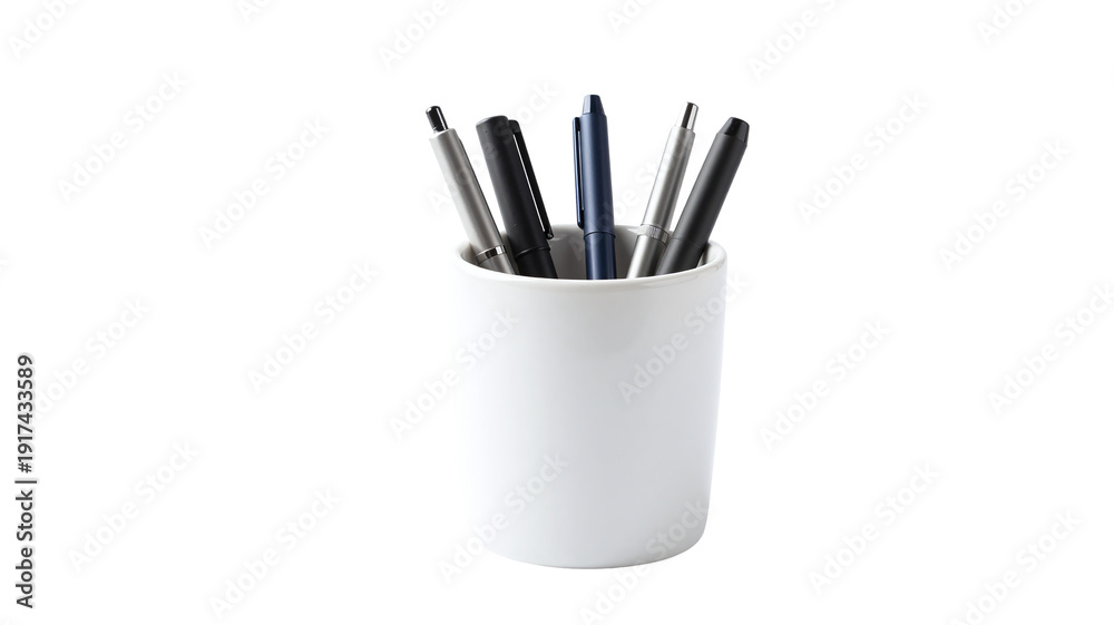 Fototapeta premium White pen holder filled with assorted pens isolated on a clean white background for office or school use