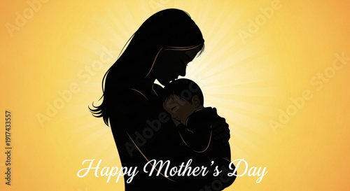 Mother holding baby silhouette happy mother's day greeting card with warm golden background