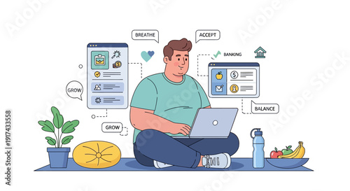 Modern Person Sitting on Floor with Laptop and Healthy Snacks, Practicing Mindfulness