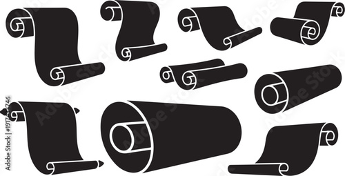 Black and white illustration of rolled up papers and scrolls