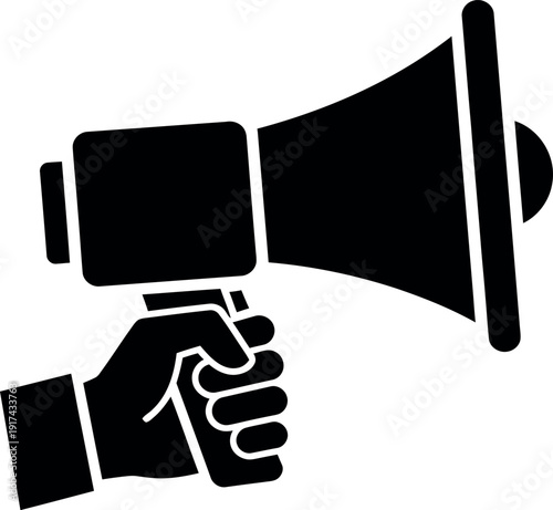 A hand holding a megaphone for announcements and public speaking