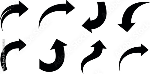 A collection of eight black arrows with varying curves and directions on a white background for design and navigation purposes