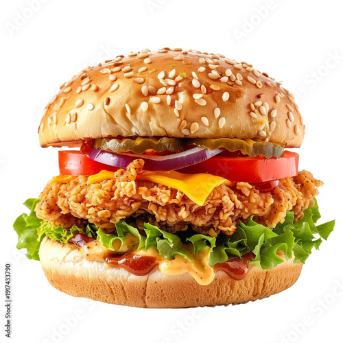 Crispy Chicken Burger with Cheese and Vegetables.
