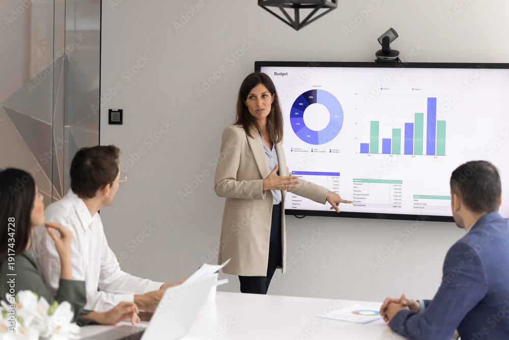 Fototapeta premium Corporate trainer of company female boss leads business presentation, points to digital display filled with charts and infographics data. Professionalism, innovation, analytics, performance evaluation