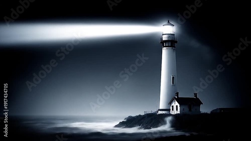 Coastal lighthouse illuminated at night guiding beam of light nautical concept