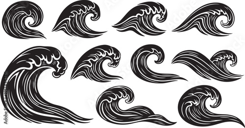 Set of black and white wave illustrations on white