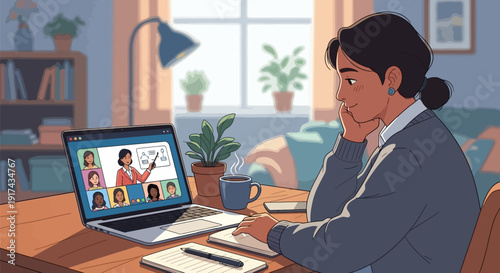 Woman engaged in remote team meeting with laptop at home office