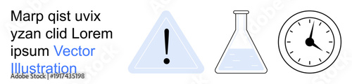 Safety, science, experimentation, laboratory processes, time management, research symbols. A warning triangle, Erlenmeyer flask and an analog clock . Science and safety warnings