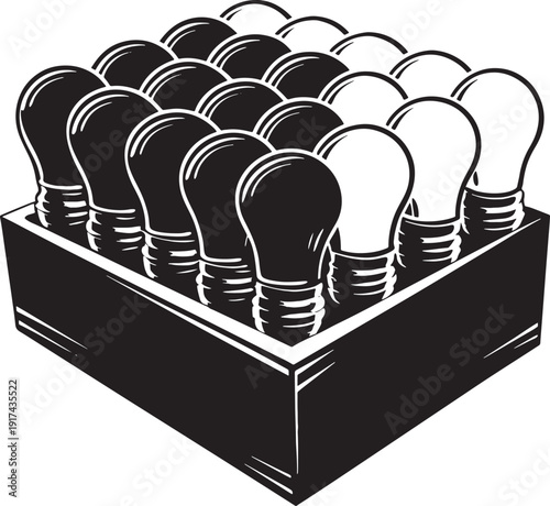 Black and white illustration of a box filled with light bulbs some lit some unlit idea innovation