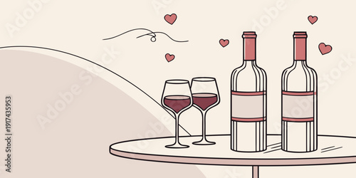Romantic evening with wine glasses and bottles on a table with hearts