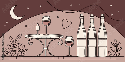 Elegant wine glasses and bottles set on a table with a romantic night sky background.