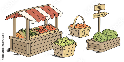 A vibrant outdoor market scene with various stalls and fresh produce on display