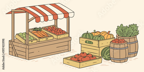 A vibrant outdoor market stall with fresh fruits and vegetables on display