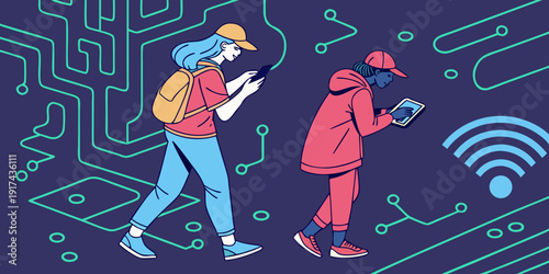 Two individuals in futuristic outfits using advanced technology in a digital environment